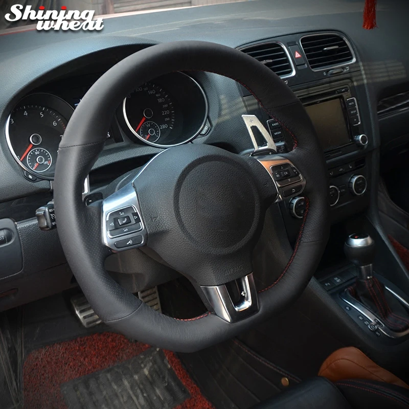 Shining wheat Genuine Leather Car Steering Wheel Cover for Volkswagen Golf 6 GTI MK6 VW Polo GTI Scirocco R Passat CC R-Line