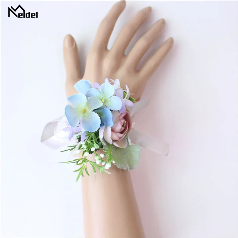 Meldel stanik mężczyźni Boutonniere Pin Bridal Wrist Corsages burgundii druhna różowy bransoletka Groom Prom ślub kwiat akcesoria