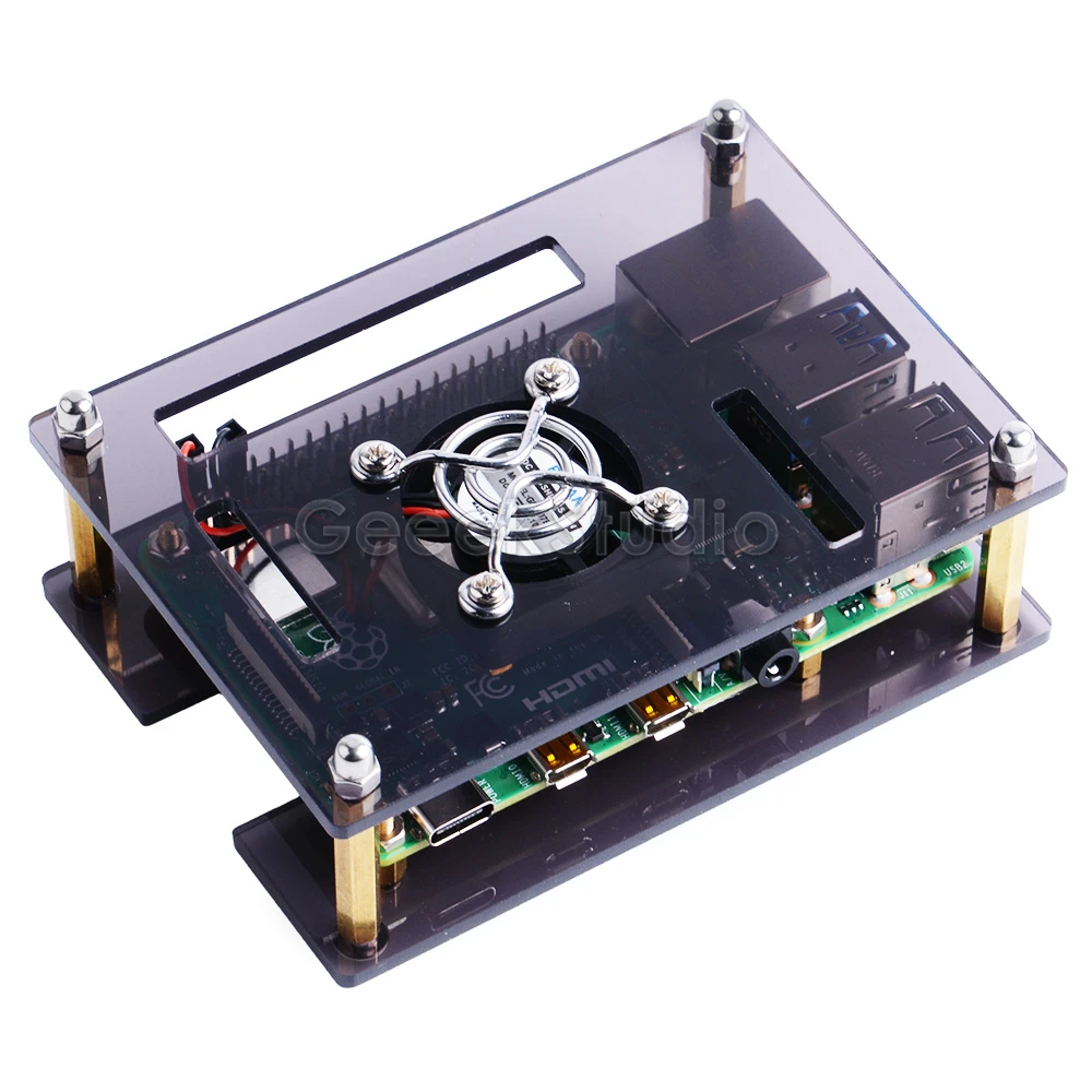 Raspberry Pi 4 Model B Case , Clear/Dark Brown Acrylic Shell with Cooling Fan for RPI 4B / 3B+ / 3B /2B Dev Board