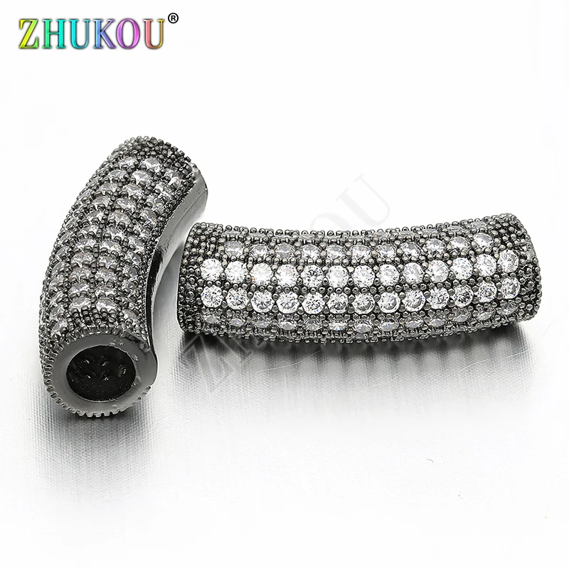 7*24mm Brass Cubic Zirconia Curved Tube Spacer Beads for DIY Jewelry Bracelet Necklace Making, Hole: 4mm, Model: VW6