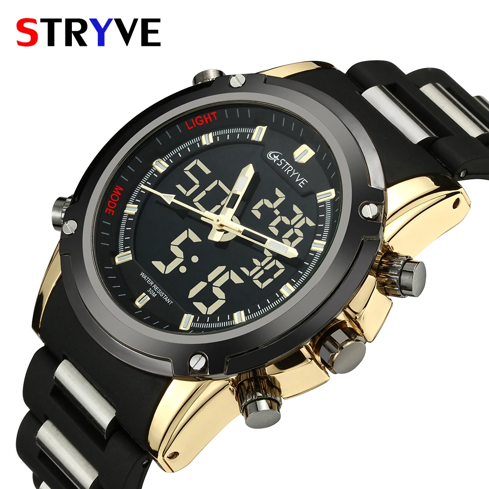 Top Men Watches Luxury Brand Stryve Quartz LED Dual Time Clock Sports Waterproof Men Army Military Wrist Watch Relogio Masculino