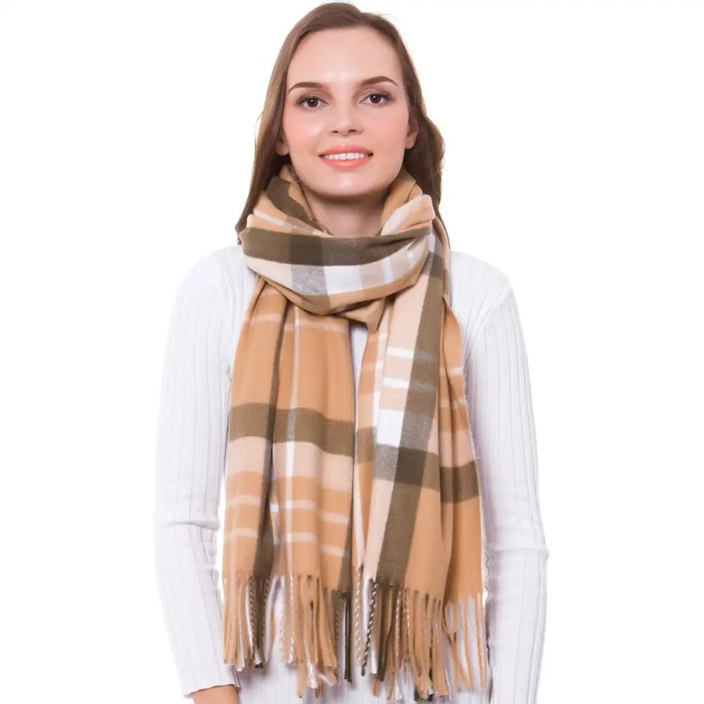 Cashmere Scarf Winter Shawl Women Stylish Check Plaid Autumn Wrap Wool Fine Brushed Long Large Thick Tartan Tassel Hijab Camel