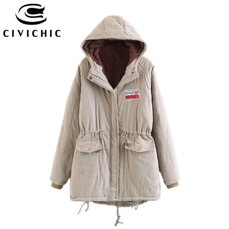 

CIVICHIC New Winter Women Hooded Parka Fleece Warm Coat Mid Long Leisure Outerwear Autumn Cotton Overcoat Velvet Armband DC18