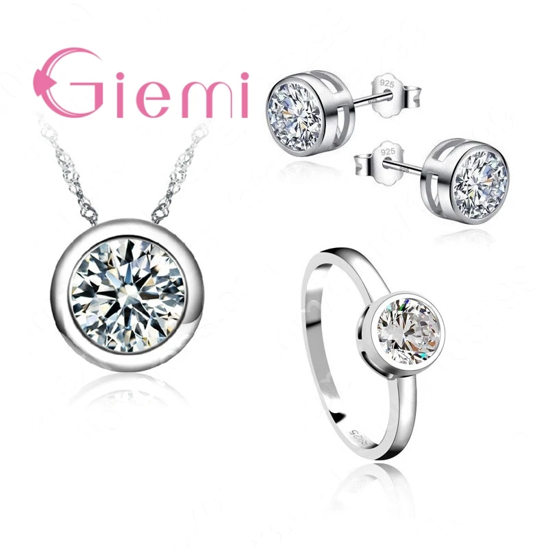 

Wedding Bridal Jewelry Sets Factory Outlets 925 Sterling Silver Round Cubic Zircon Stud Earrings Pendant Necklace Rings