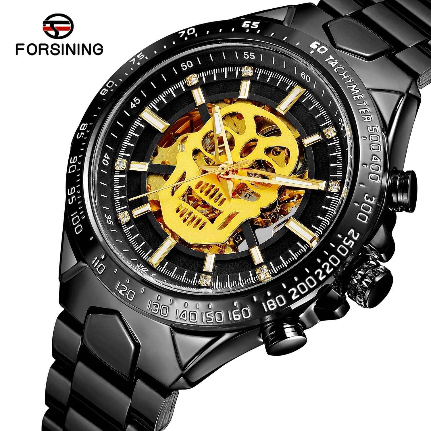 Winner Top Brand Steampunk Series Luxury Golden Skull Skeleton Clock Black Stainless Steel Luminous Hands Men Automatic Watches