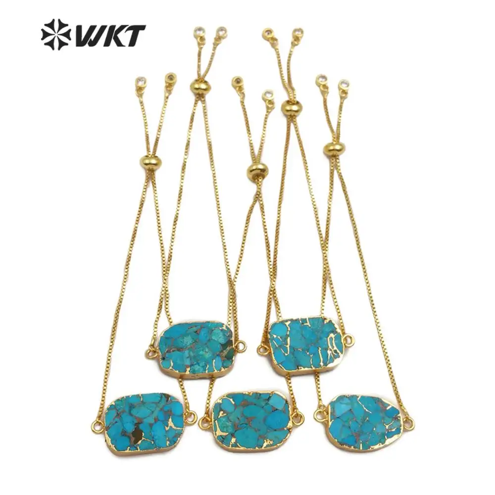 WT-B472 WKT Gold Electroplated Blue Vein Turquoises Bracelet Gold Adjustable Bracelet Women Vintage Daily Jewelry