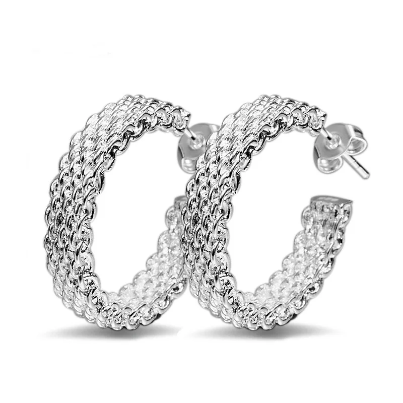 OMHXZJ Wholesale Personality Fashion OL Woman Girl Party Wedding White Knitted Mesh 925 Sterling Silver Hoop Earrings YE420