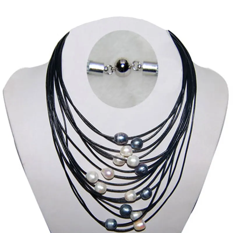 17-24 inches 15 Rows Black Leather 11-12mm Natural Multicolor Oval Pearl Necklace