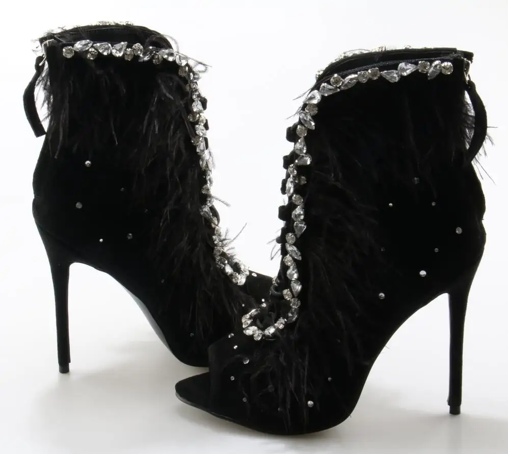 Ladies Summer Feather Cover Bling Rhinestones Decor Ankle Boots Women Lace Up Peep toe Stiletto Heels Crystal Sandals Bottines