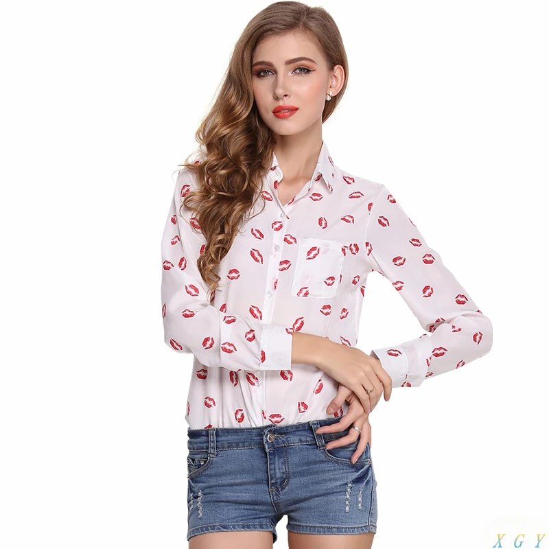 Hot Casual Slim Women Button Down OL Shirt Blouse Collared Chiffon Long Sleeve Kiss Lip Printed Blouse Women Fashion Clothing