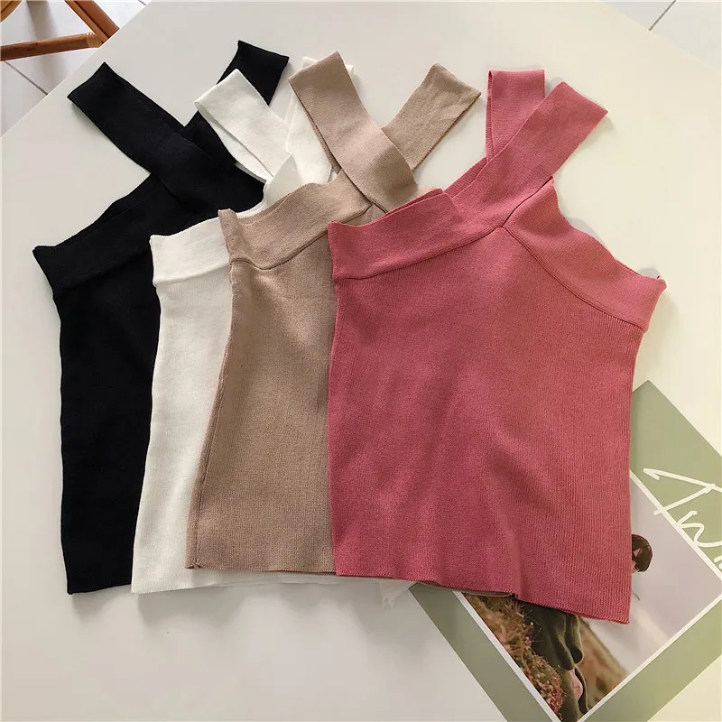 Women Top Summer Off Shoulder Sleeveless Solid Elastic Knitted Tank Top Slim Casual Sexy Vest Blouse