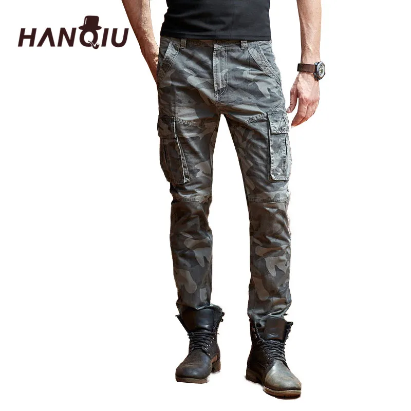 

HANQIU Brand Men's Camouflage Cargo Pants Fashion Pure Cotton Homme Trousers Military Multi- Pocket Casual Male Pant