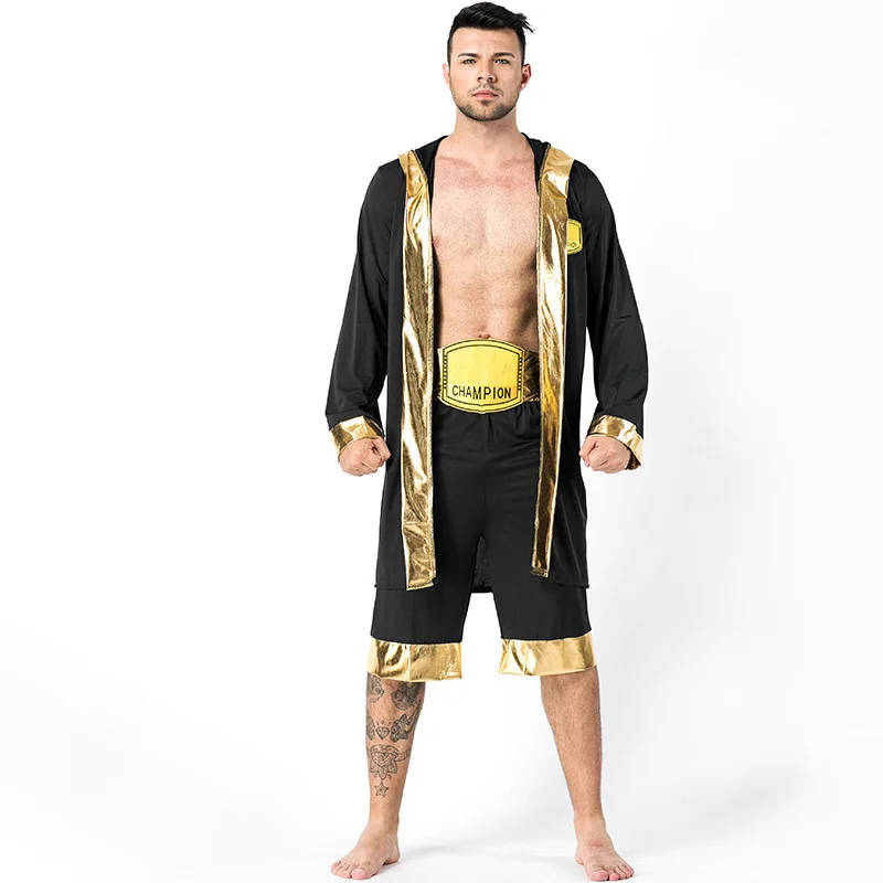 Uomo adulto nero boxe Robe Costume Boxer boxe Match Rocky Balboa Outfit Halloween Fancy Dress