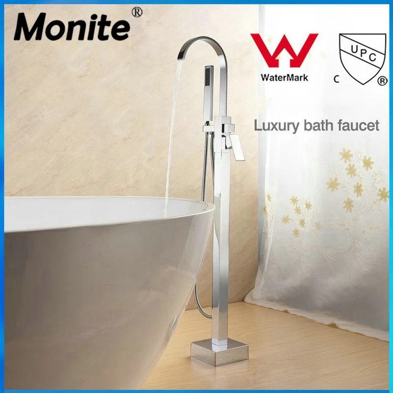 Free Standing Bathroom Floor Mounted Bathtub Faucet Tap Set & Hand Held Shower Tub Faucet