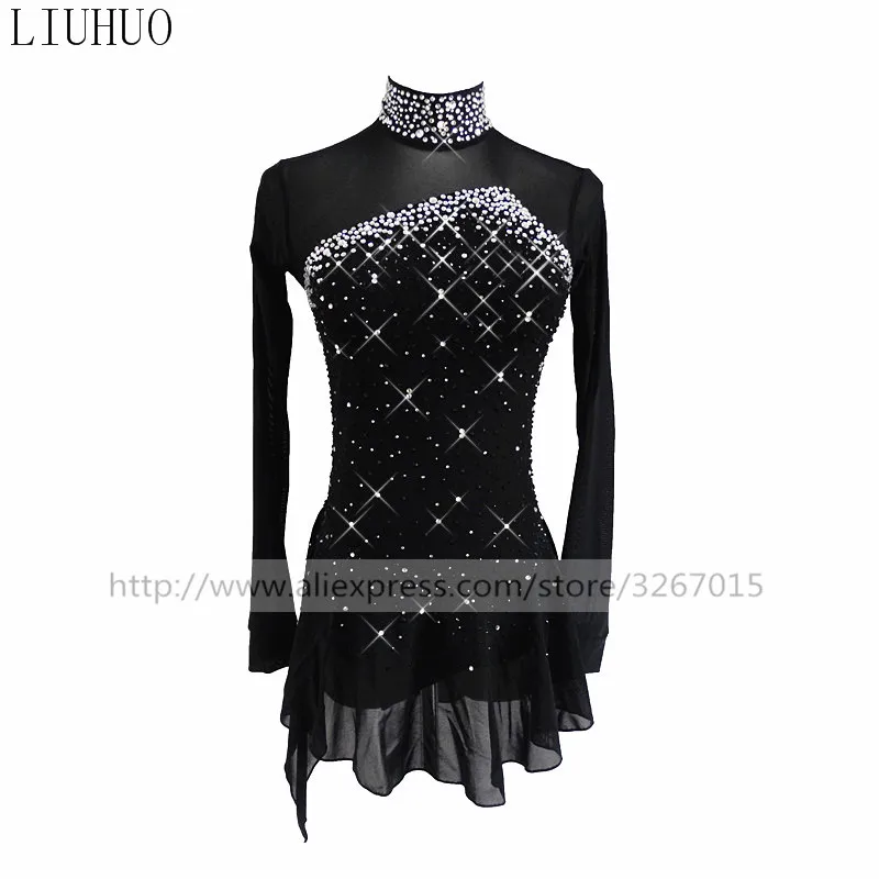 LIUHUO Women Girl Ice Figure Skating Dress Competition Performance Costume Dance Leotard Skirt Roller Adult Teens Black Ballet