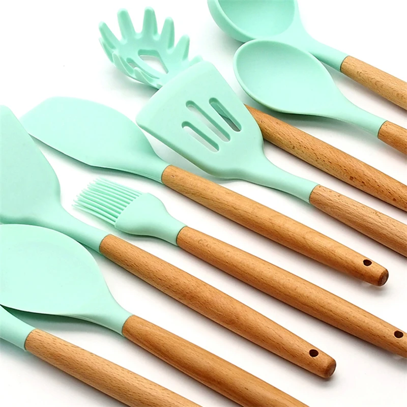 11pcs Silicone Utensils Set Cooking Kitchen Tools Soup Spoon Spatula Non-stick Shovel with Wooden Handle Heat-resistant