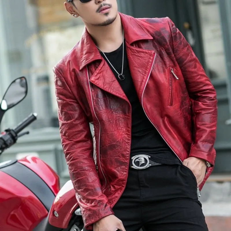 New Mens Luxury Sheepskin Genuine Leather Jacket Slim Fit Motorcycle Leather Jacket Men Punk Designer Red Outwear Coat 4XL