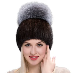 Real Mink Fur Hat For Winter Women Imported Knitted Mink Cap With Fox Fur 2022 New Hot Sale High Quality Female Beanies DHY17-04