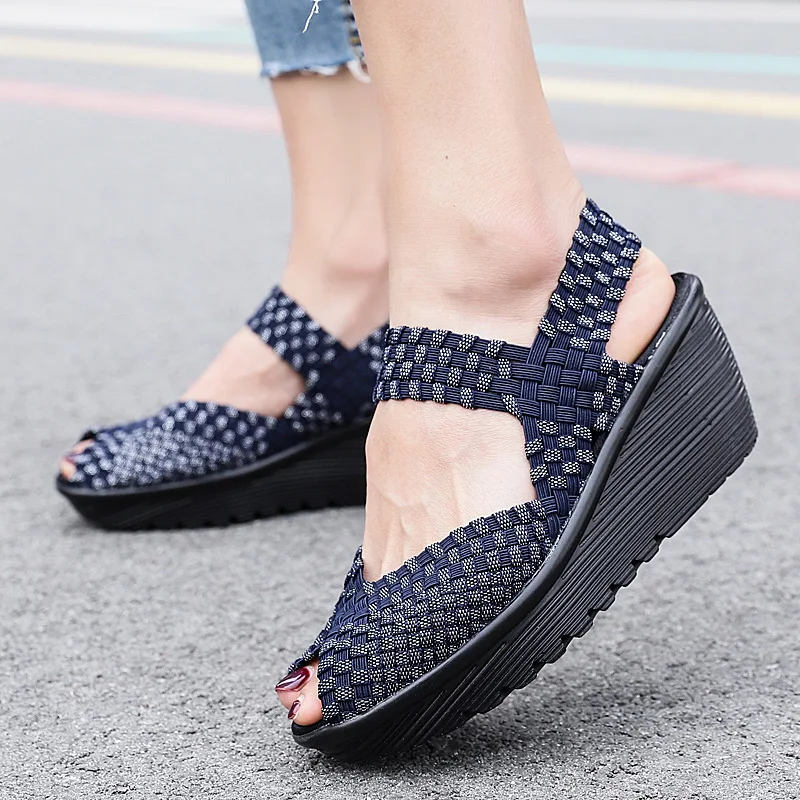 2025 Summer Sandals Womens Shoes Casual Breath Woven Wedges Shoes 6CM High Fashion Outside Sandals Female Slipper Black 35-41
