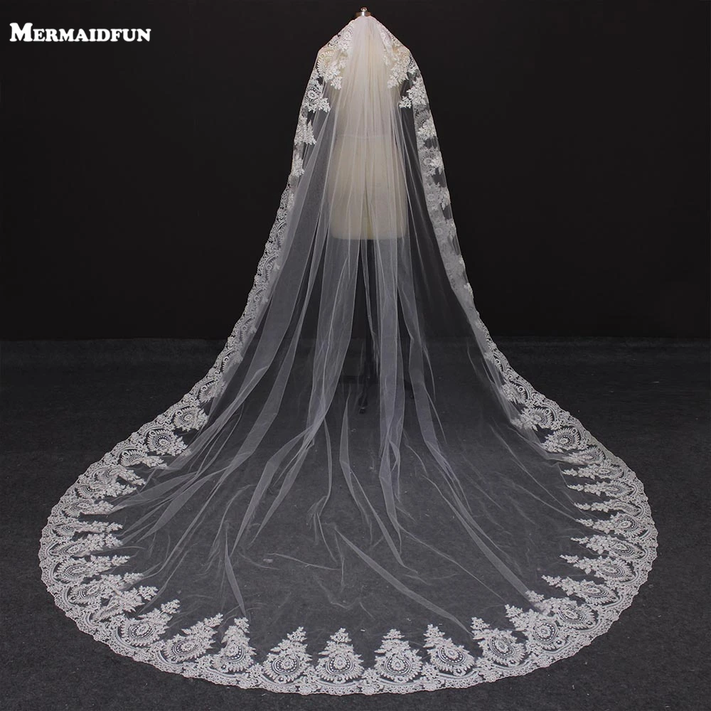 

MERMAIDFUN One Layer Lace Edge Mantilla Cathedral Wedding Veils With Comb Long Bridal Veil Velo De Novia