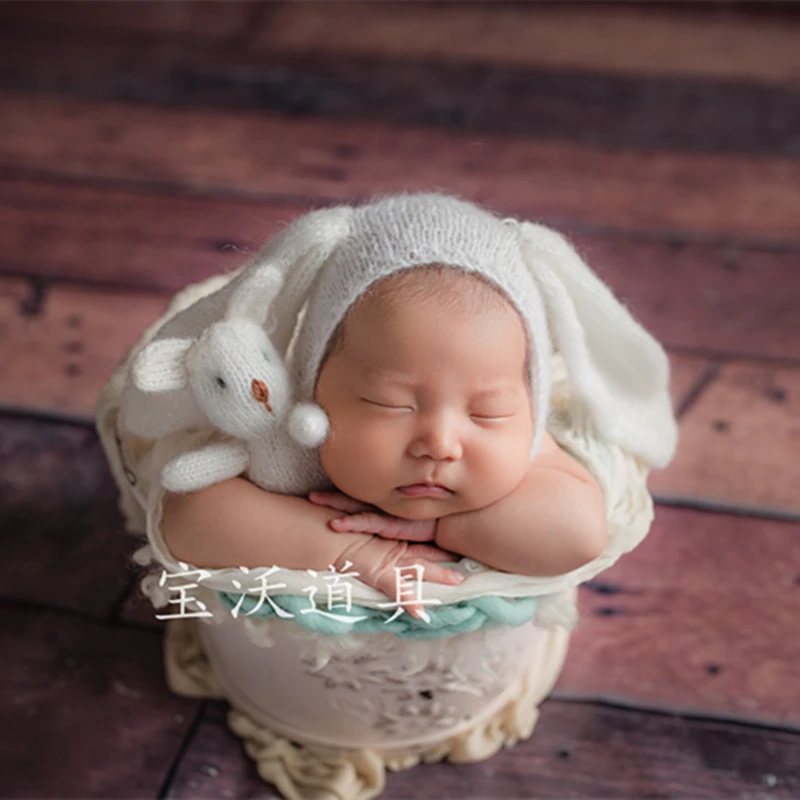 Knit baby Bunny hat Newborn corchet rabbite bonnet and toy set Newborn photography props Baby Stuffer Animal posing Prop