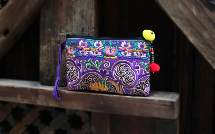 Haxi.Hani pochette da donna borsa con cerniera in tela etnica Hmong ricamo portafoglio carino borsa portamonete Vintage borsa per cellulare