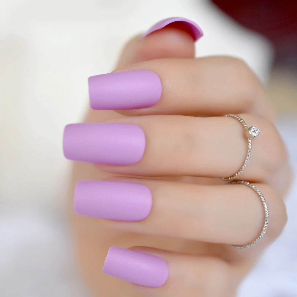 สีม่วงอ่อน Matte เล็บปลอมเล็บปลอมยาว Full Frosted Nep Nagels ประดิษฐ์เล็บ Faux Ongle ทุกวันสำนักงาน