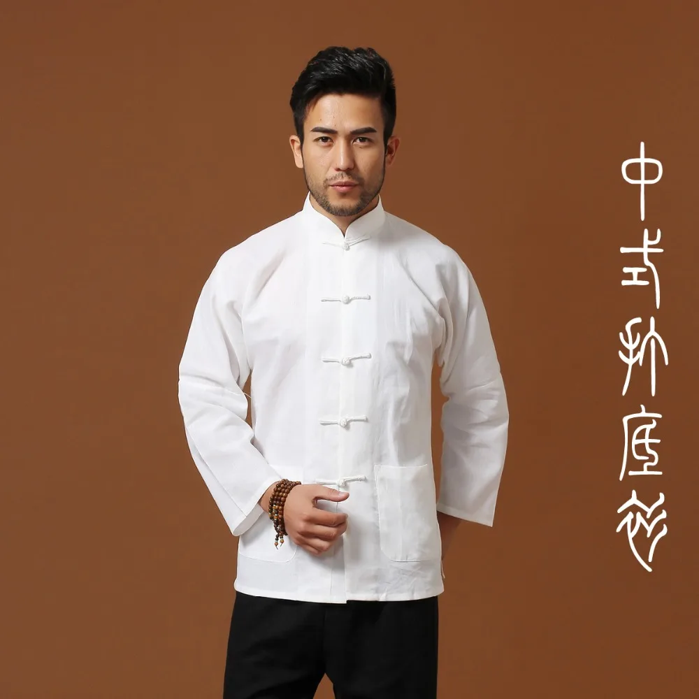 Wit Mannen Katoen Linnen Lange mouw Kung Fu Shirt Klassieke Chinese Stijl Tang Kleding Maat SML XL XXL XXXL hombre Camisa Mim902