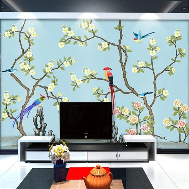 Custom wallpaper 3d mural hand-painted pen and flower new Chinese modern minimalist TV background wall soft mural 3d wallpaper