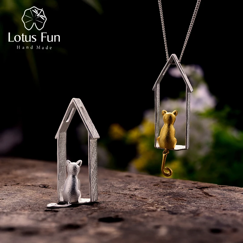 Lotus Fun Real 925 Sterling Silver Handmade Fine Jewelry Original Gold Cute Gazing Cat Design Pendant without Necklace for Women