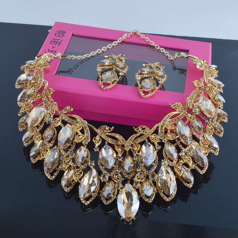 Gorgeous Champagne Color Jewelry Sets For Bridal Wedding Party Necklace And Earrings Dubai Fashion Big Dress Accessories