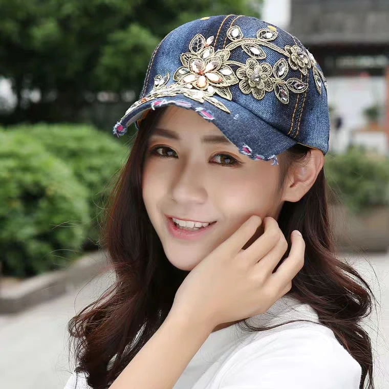 Women\'s Baseball Cap Diamond Painting Embroidery Flower Denim Snapback Hats Woman Female Cap Cowboy Summer Sun Hat