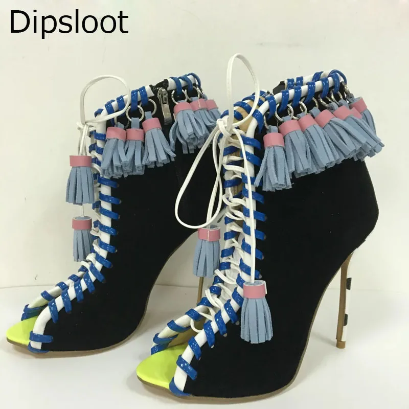 

Sexy Women Tassel Pedant Encircled Peep Toe Multi color Ankle Boots Peep Toe Polka Dot High Heel Summer Fringed Bottines