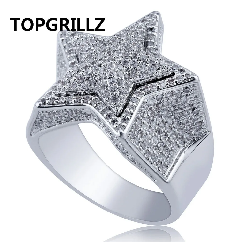 TOPGRILLZ  Hip Hop Five Star Rings Men\'s Gold Silver Color Iced Out Cubic Zircon Jewelry Gifts