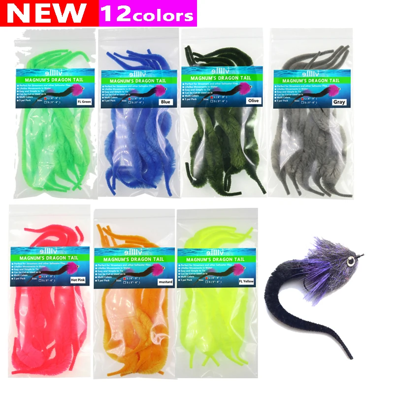 5PCS/Pack 12 Colors New Magnum's Dragon Tail for Pike Muskie Saltwater Fishing Fly Lure Baitfish Tying Material