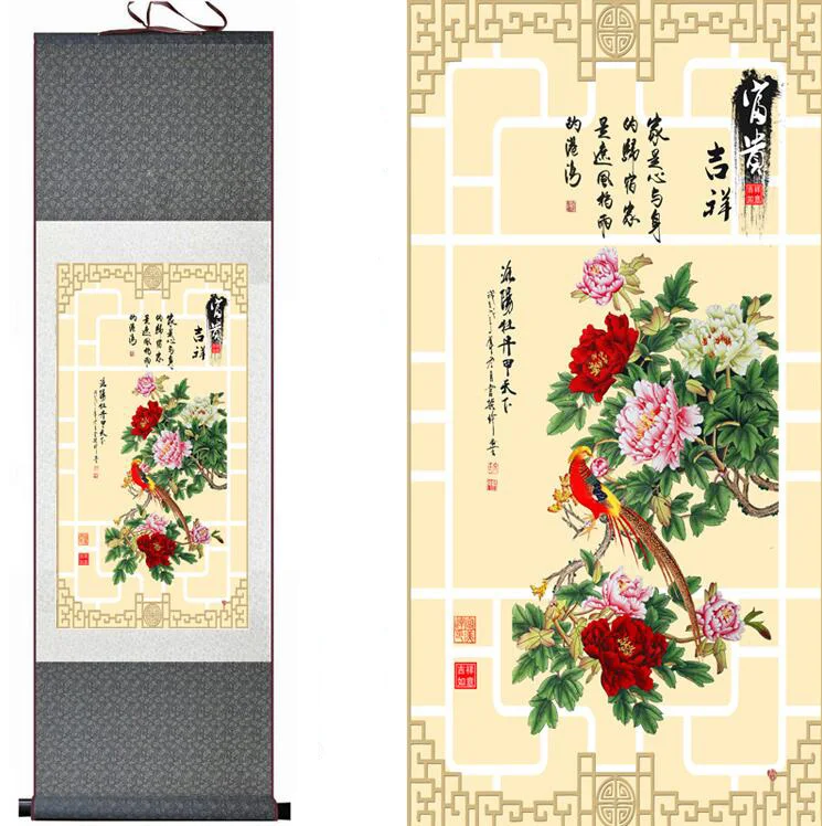 

Top quality Birds and peony flower painting Home Office Decoration Chinese scroll painting peony flower painting