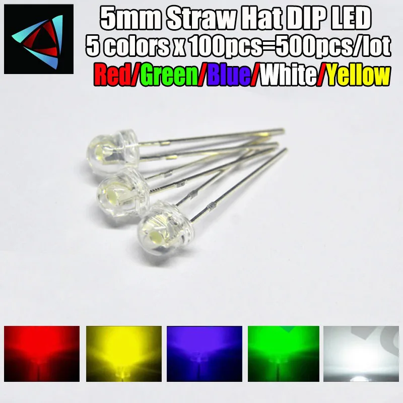 500pcs (5 colors x 100pcs) 5mm 4.8mm Straw Hat LED Diffused Kit 5 mm 3V White Green Red Blue Yellow