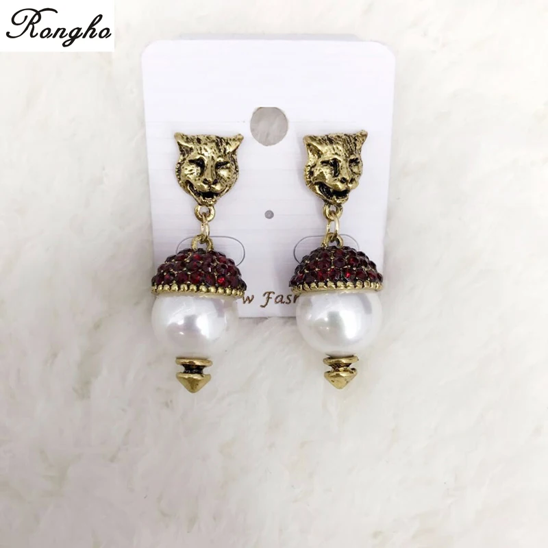 New Vintage Crystal Leopard Stud Earrings for Women Fashion jewelry Pearl earrings Pendant Antique gold brincos Female Bijoux