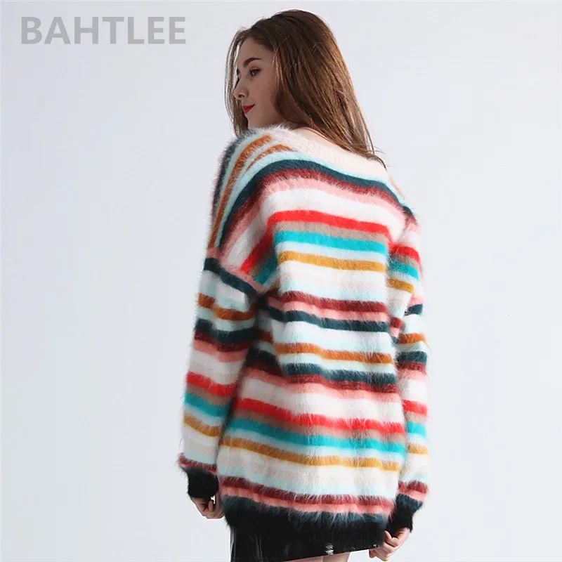 BAHTLEE-Women\'s Angora Rabbit Rainbow Patter Knitted Pullovers, Casual Long Sleeves Sweater, Loose Sweater, Keep Warm, Autumn, W