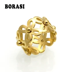 Mopera Brand New Stainless Steel Hollow Flower Geometric Rings For Women Gold Color 11mm Wide Female Ring Trendy Jewelry