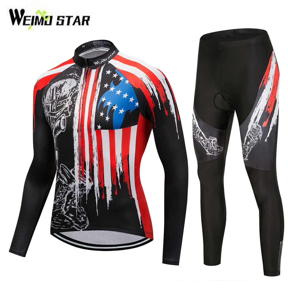 USA Flag Star Long Sleeve Cycling Jersey Set Bicycling Shirts Bicycle Bike MTB Ciclismo Cycle Clothing Pad Pants for Men Women