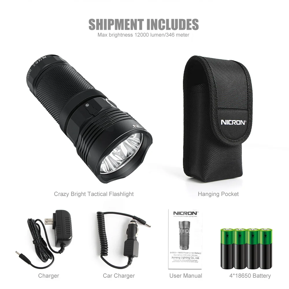 NICRON B400 LED Tactical Flashlight Super Bright 12,000LM High Lumen Beam distance 346m Torch Light Waterproof Explosion proof