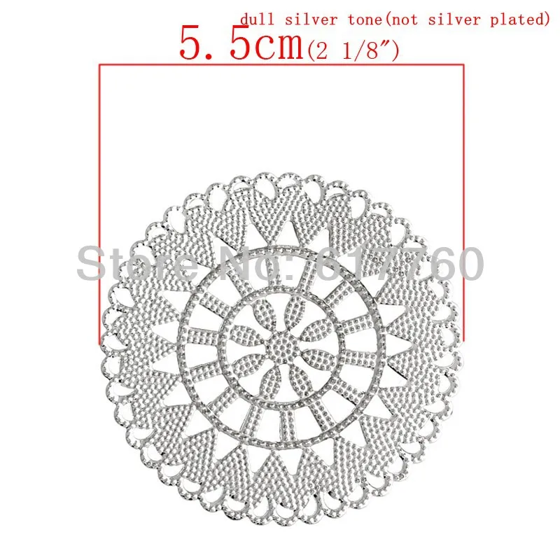 Free shipping-50Pcs Jewelry  Wraps DIY Connectors Findings Round Silver Tone Hollow Flower Pattern 5.5cm Dia, J0599