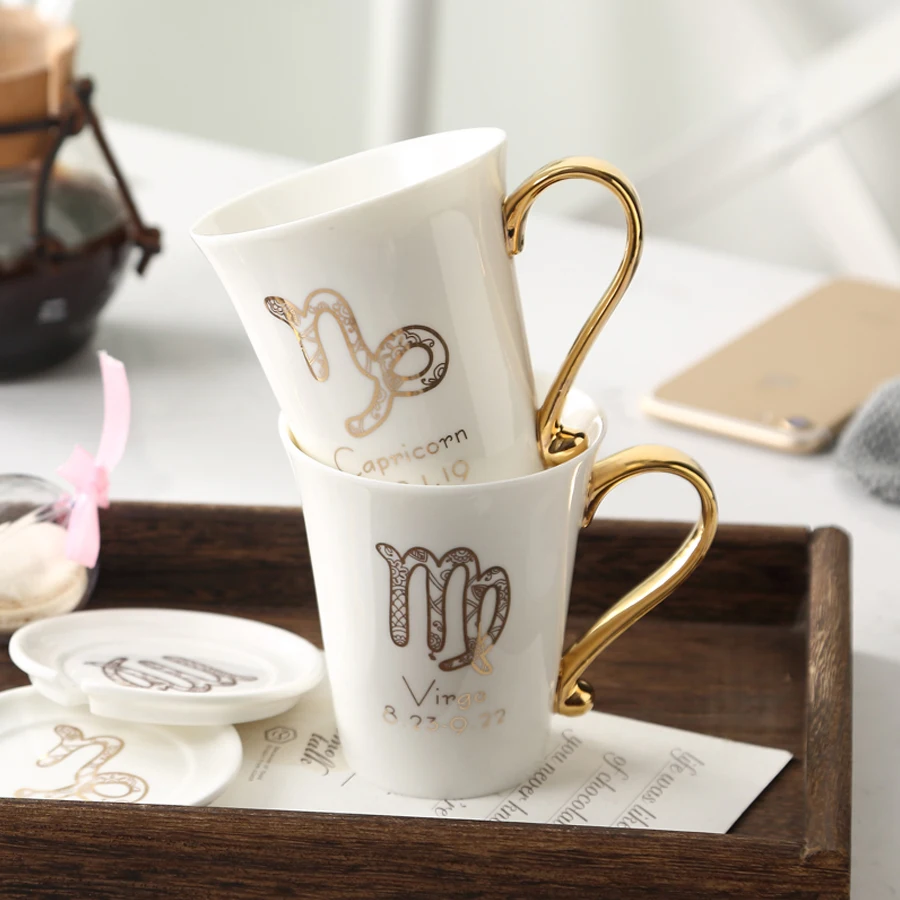 MUZITY Ceramic Coffee Mug The Zodiac Design Porcelain Tea Mug With Lid And Spoon Gift Box Packing