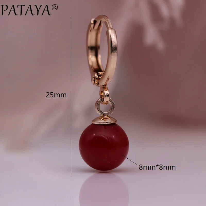 PATAYA New 585 Rose Gold Color Round Red Shell Pearl Dangle Earrings Women Wedding Fashion Jewelry Long Earring Cute Accessories