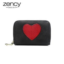 Zency Mini Short Wallet For Women Genuine Leather Heart Shape Decoration Daily Casual Coin Pocket Purse Card Holders Black Red