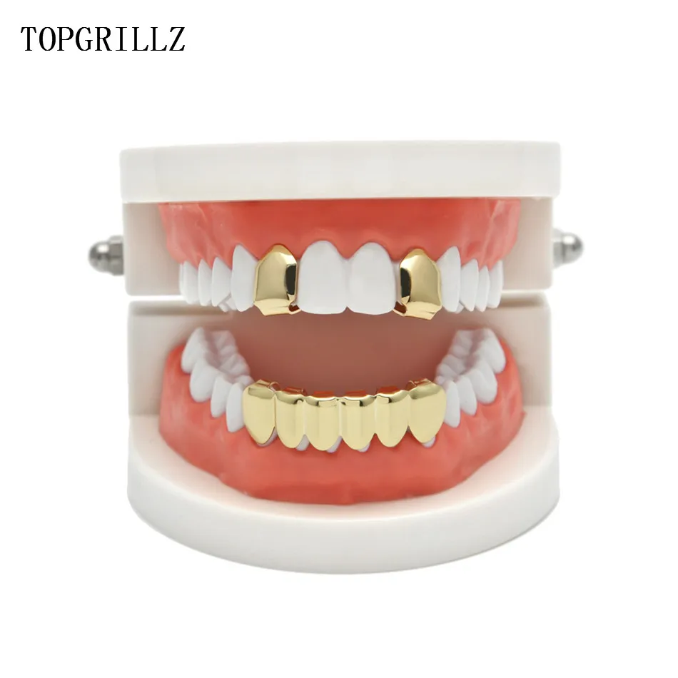 TOPGRILLZ New Fit Hip Hop Rose Gold Color Plated Mouth Grillz Set 2 pcs Single Top&6 teeth Bottom Set Black Gun Grills