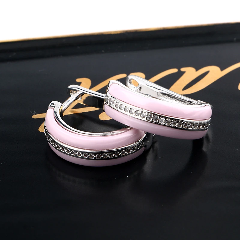 New Trendy Earrings For Women Romantic Smooth Light Pink One Row Rhinestone Ceramic D Shape Stud Earrings Wedding Christmas Gift