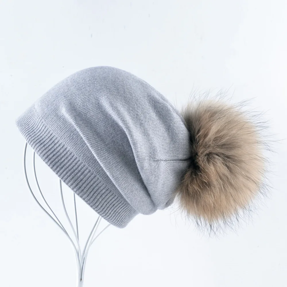 Autumn And Winter Ladies Knitted Wool Bonnet Beanie Hat Women Real Fur Big Ball PomPom Solid Skullies Caps Girls Touca Feminina