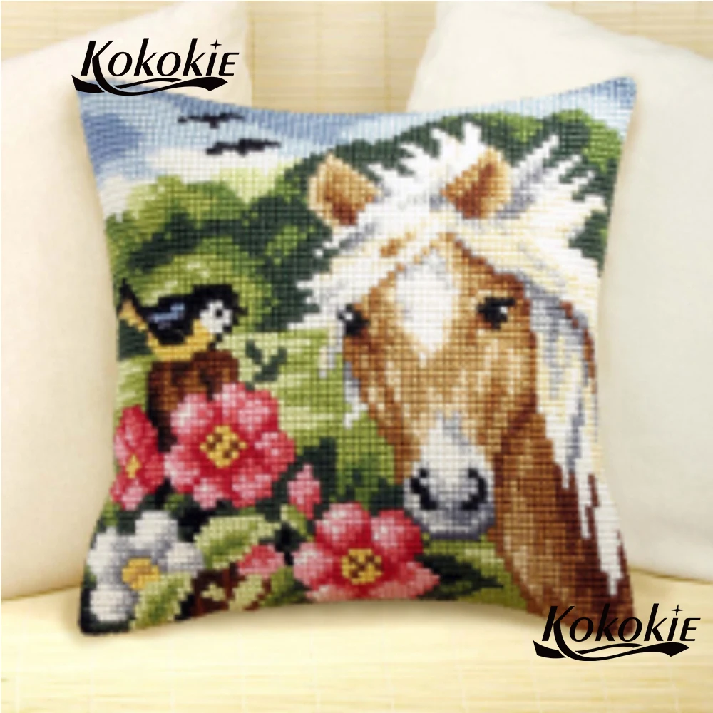 Animal printing knitting needles pillow kit handmade embroidery pillow Needlework Sets horse pattern cross stitch kits